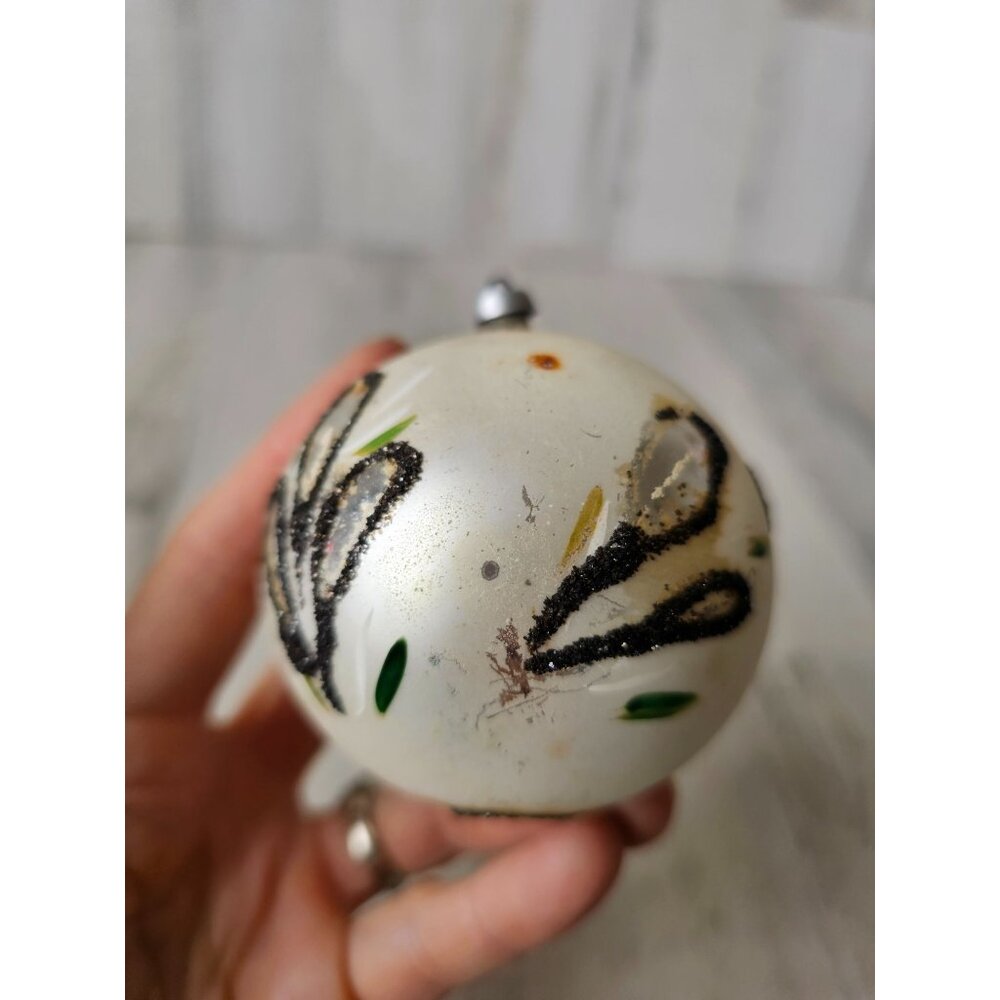 Antique Austria Mercury glass glitter ball ornament white flower leaf Xmas tree